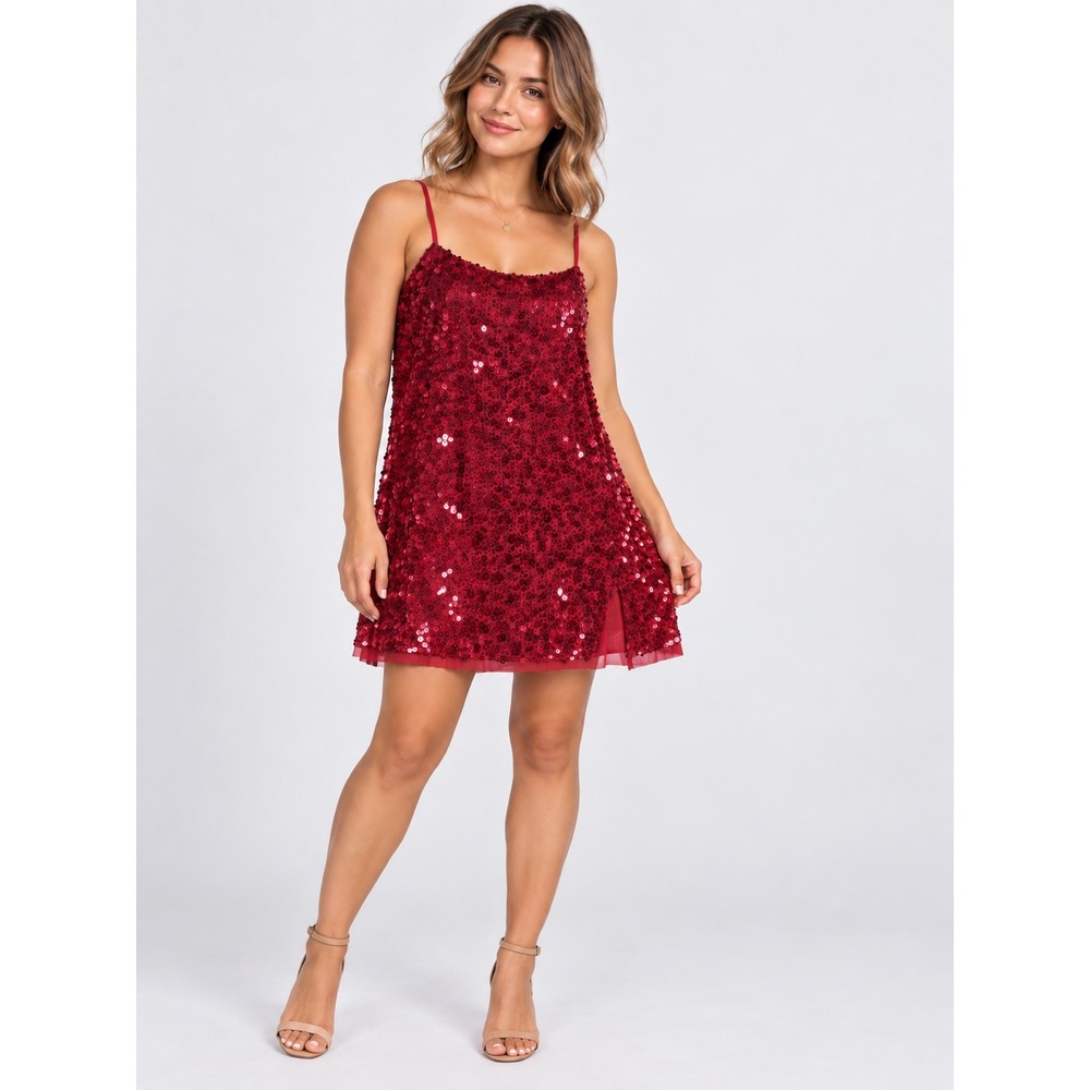 Intimately Free People Red Sequin Mini Slip Dress Square Neck Sz L OB1533256 NWT